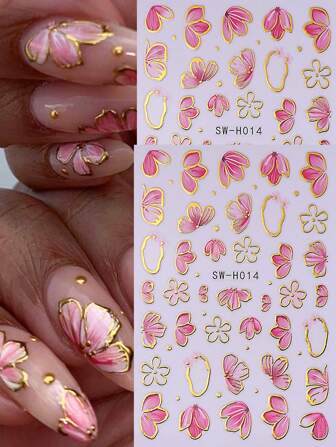 2 Stücke rosa Blütenblatt 3D Nagelaufkleber, elegante Blume mit Goldkante Geometrisches Design Nagel Kunst Abziehbilder für Acrylnägel DIY Frühling Selbstklebende Maniküre Deko Zubehör