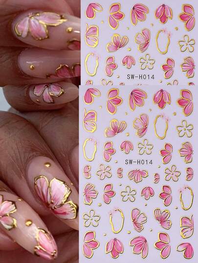 2 Stücke rosa Blütenblatt 3D Nagelaufkleber, elegante Blume mit Goldkante Geometrisches Design Nagel Kunst Abziehbilder für Acrylnägel DIY Frühling Selbstklebende Maniküre Deko Zubehör