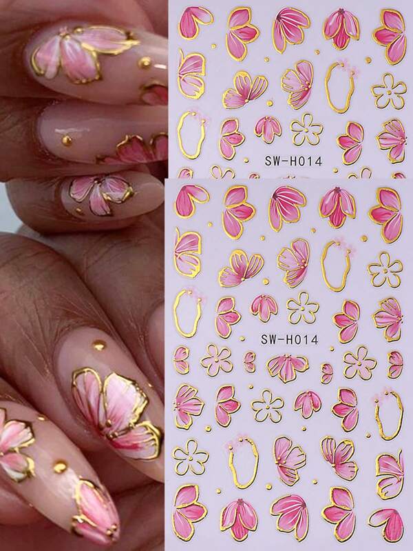 2 pièces Autocollants 3D d'ongles à pétales de fleurs roses, avec des lignes dorées élégantes et des designs géométriques. Décalcomanies pour ongles acryliques DIY, décorations de manucure autoadhésives pour le printemps