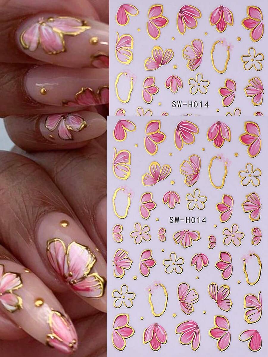 2 PCS Pink Flower Petal 3D Nail Stickers Elegant Flower Gold Edge Line Geometry Designs Nail Art Decals For Acrylic Nails DIY Spring Self-Adhesive Manicure Decoration Supplies