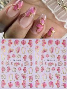 2 PCS Pink Flower Petal 3D Nail Stickers Elegant Flower Gold Edge Line Geometry Designs Nail Art Decals For Acrylic Nails DIY Spring Self-Adhesive Manicure Decoration Supplies
