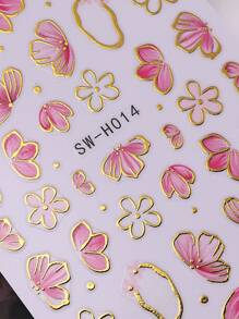 2 PCS Pink Flower Petal 3D Nail Stickers Elegant Flower Gold Edge Line Geometry Designs Nail Art Decals For Acrylic Nails DIY Spring Self-Adhesive Manicure Decoration Supplies