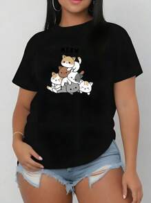 MURAMASA Camiseta con estampado de gato de dibujos animados y letra - Negro - Ver 3