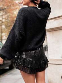 Women Sparkly Sequin Mini Skirt High Waist Glitter Flared Pleated Night Out Party Short Skirts - 黑色 - 查看 8