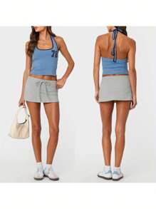 Women's Fashion Mini Skirts Solid Color Drawstring Elastic Waist Skirts Summer Casual Short Skirts - Grey - View 2