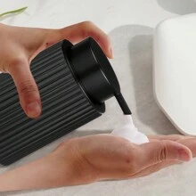 2pcs/Set Hand Foaming Soap Dispenser Bottle With Toothbrush Toothpaste Holder Modern Stripe Design Hand Dispenser Bomboo Pump Liquid Dispenser Home Bathroom Decor Fall Decor Back To School - Black - View 6