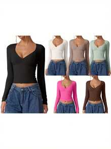 Women's Solid Color T-Shirts Long Sleeves Slim Fit Sweetheart Neck Fall Casual Tops - Khaki - View 3