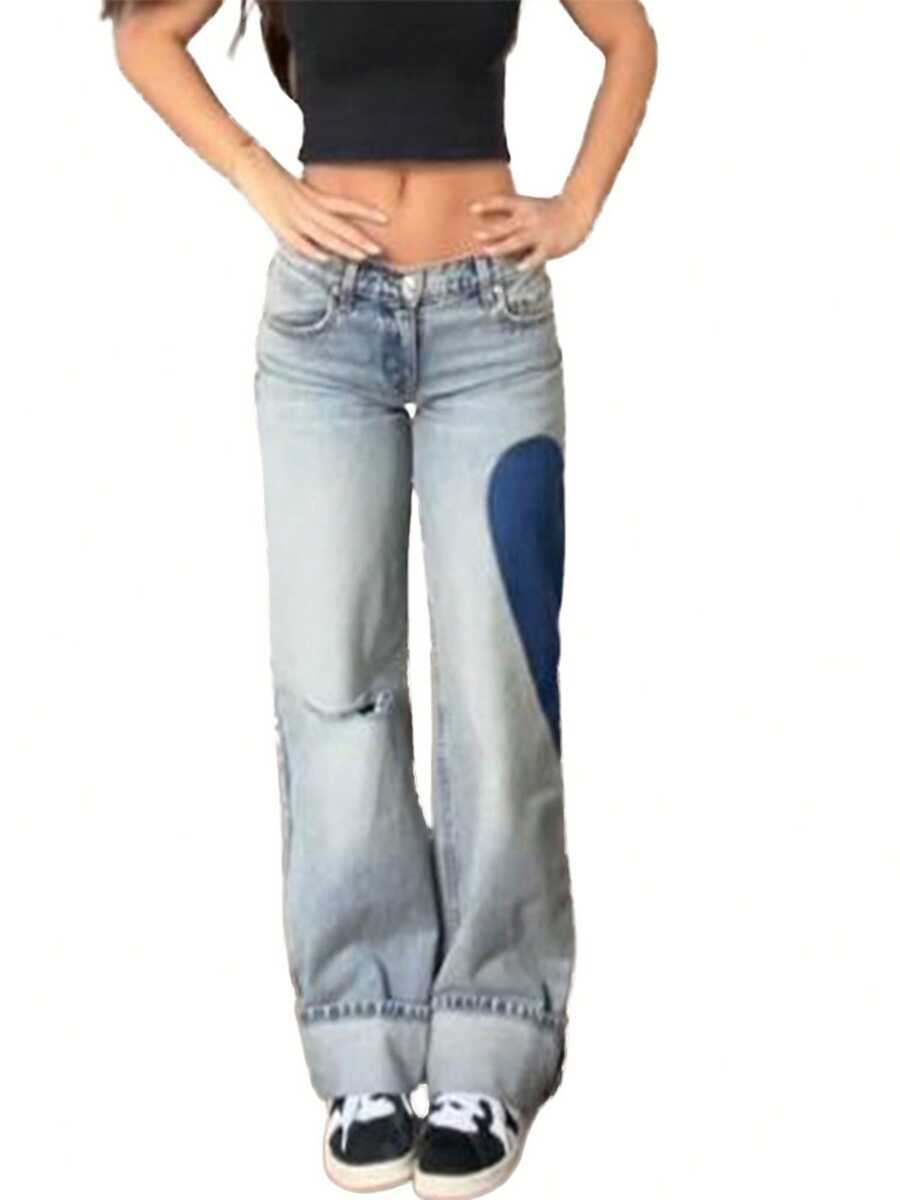 Women Fashion Wide-Leg Jeans Star Print Loose Denim Pants Spring Fall Casual Baggy Trousers - Màu xanh lam - Xem 1