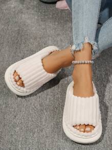 女士毛绒拖鞋，条纹露趾，柔软舒适厚底室内卧室毛绒拖鞋