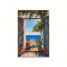 1PC Mediterranean Posters Coastal Balcony View Travel Print Santorini Church Art Print Greek Island Landscape Canvas Painting Wall Arts Decor No Frame Gifts Birthday Graduation