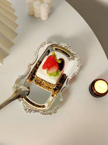 1 件复古法式不锈钢椭圆形托盘、复古花卉边缘甜点盘、蛋糕盘