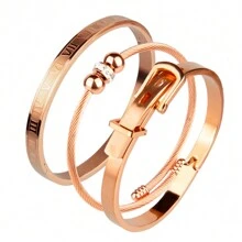 3pcs/Set Business & Casual Party Gift Accessory Bracelet, Mixed Square, Round Bead, Roman Numeral Stainless Steel Couple Jewelry