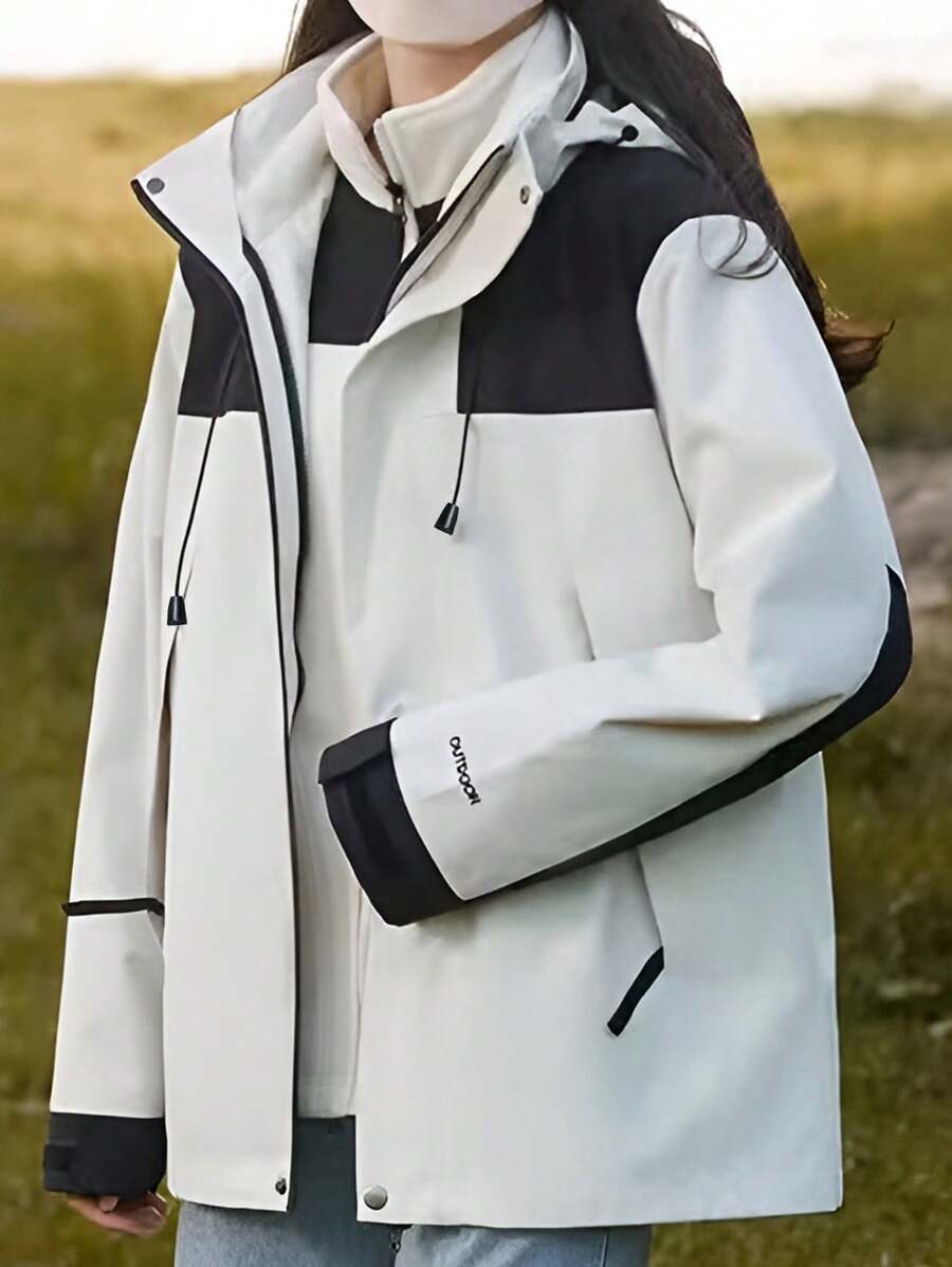 1 件女式户外保暖内衬三合一连帽风衣，时尚色块，保暖防水 - 白色 - 查看 1