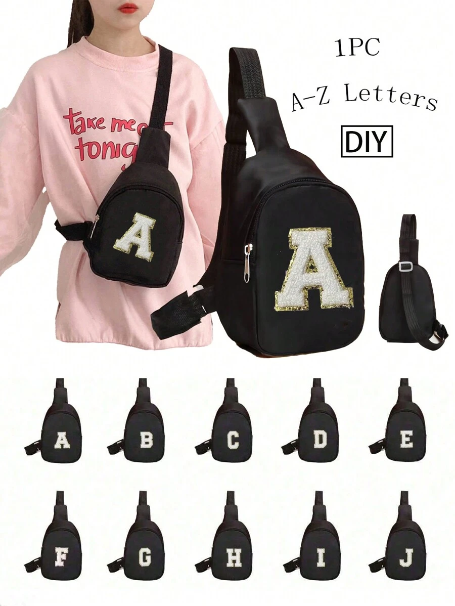 1 Pc Fashionable Universal Occasions Fashionable Nylon Zipper Letter Chest Bag, Suitable For Daily Use By Boy And Girl (Handmade Diy Bag!!!), Stickers Mini Casual Mobile Phone Upright Coin Wallet Back To School Travel Gift (Requires Self Pasting Letters), Suitable For Girl, Multifunctional Use, Shopping Games, Birthday Gifts, Christmas Gifts For Families - Black Waist Bag + White Letters - View 1