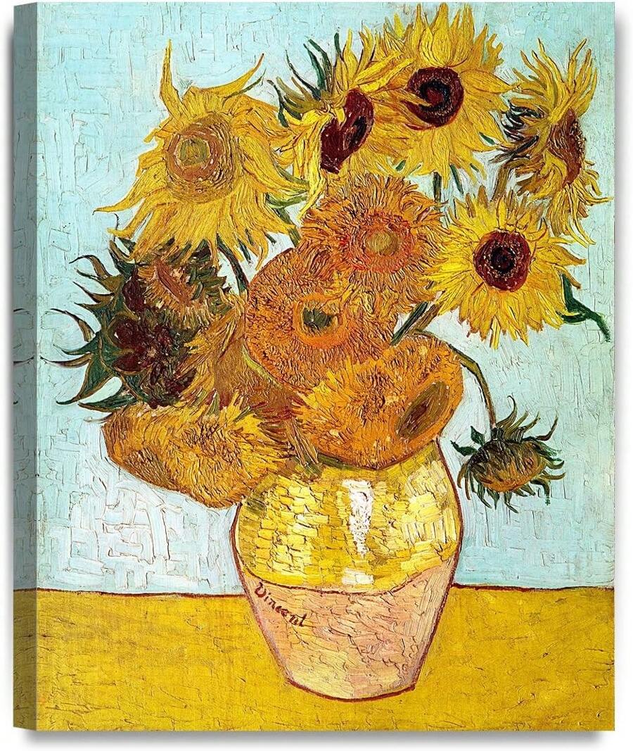 1pc Twelve Sunflowers, Vincent Van Gogh Art Reproduction Canvas Print Wall Art For Home Decor, Perfect For Your Home, Living Room, Bedroom, Kitchen, Apartment, Office, Hotel, Restaurant, Office, Bathroom, Bar, Etc. Framed And Ready To Hang