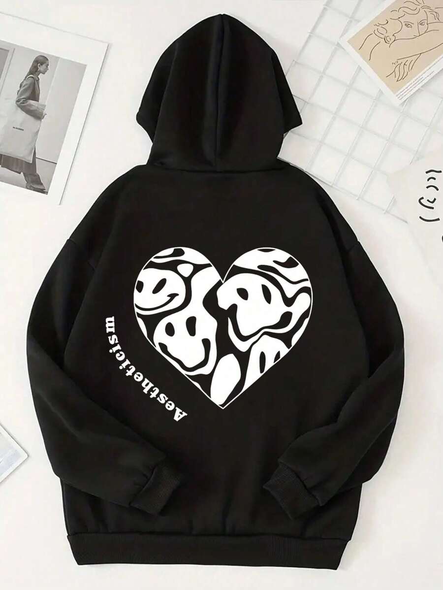 Cartoon Letter Print Drop Shoulder Drawstring Thermal Lined Hoodie - Black - View 1