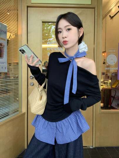 二合一格子拼布露肩长袖 T 恤