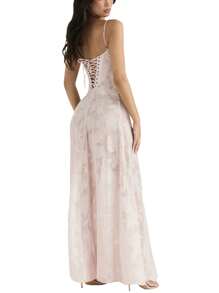 Women Spaghetti Strap Long Dress Floral Lace Sleeveelss Sling Backless Dress Summer Beach Holiday Dress - Hồng - Xem 7