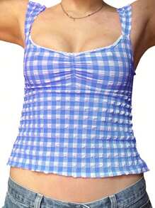 Women Camisole, Sleeveless Low-Cut Backless Plaid Tops Lace Trim Slim Fit Summer Vest - Màu xanh da trời - Xem 1