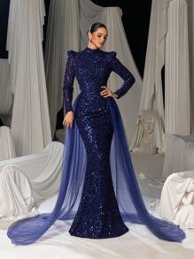 Faeriesty Elegant Mock Neck Mermaid Hem Mesh Overlay Sequin Formal Party Dress - Navy Blue - View 2
