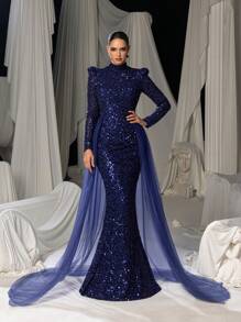 Faeriesty Elegant Mock Neck Mermaid Hem Mesh Overlay Sequin Formal Party Dress - Navy Blue - View 4
