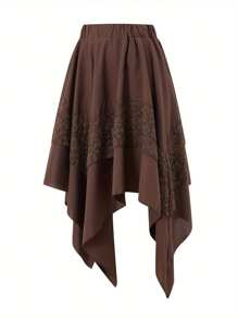 Women's Gothic Steampunk Skirt Vintage Contrast Lace Irregular Skirt Renaissance Skirt Cosplay Costume - 咖啡色 - 查看 2