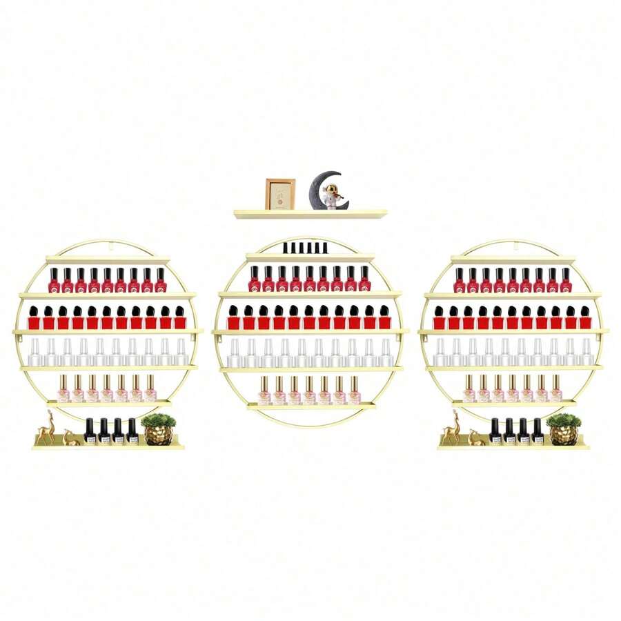 Futchoy 5-Etagen Runde Nagellack Wandhalterung Nagelsalon Lagerung Rack Display Stand - Gold - Übersicht 1