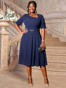 女士加大码夏季链条细节 A 字短袖休闲连衣裙,优雅鸡尾酒半正式舞会礼服,适合生日、婚礼嘉宾、毕业典礼、晚宴、返校节 - 藏蓝色 - 查看 7