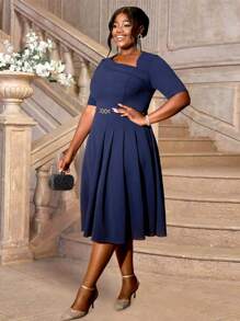 女士加大码夏季链条细节 A 字短袖休闲连衣裙,优雅鸡尾酒半正式舞会礼服,适合生日、婚礼嘉宾、毕业典礼、晚宴、返校节 - 藏蓝色 - 查看 5