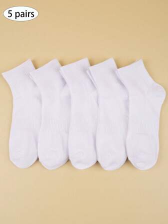 5 Pairs Women Solid Color Socks, Black & White, Korean Style Mid-Calf, Versatile, Casual Sports Socks For Summer & Autumn/Winter, Unisex