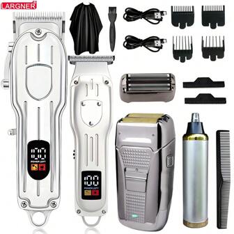 LARGNER Four In One Professional Hair Clipper, Reciprocating Electric Shaver, Nose Hair Trimmer Set For Men Cordless Beard Trimmer Rechargeable Electric Shaver Hair Grooming Kit 4 Pieces Kit Suitable For Father's Day Gift(Sliver)