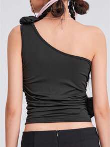 Women Solid Color Tank Tops Summer One Shoulder Sleeveless 3D Rosette Ruched Tops