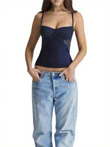 Womens Summer Cami Tops, Vintage Sleeveless Lace Patchwork Underwire Bra Camisole - Blue - View 4