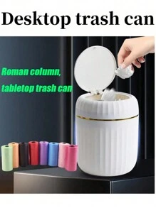 Mini Solid Color Desktop Trash Can With Lid And Button, Suitable As Small Garbage Bin For Home Office Desk