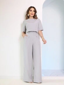 Women's Sets Blouse + Wide Leg Pants - Light Grey - View 1
