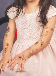 Set de 6 tatuajes temporales impermeables con decoración corporal de patrones de hadas, flores y alas de dibujos animados lindos para niñas, para uso diario, fiestas y regalos festivos - Multicolor - Ver 6