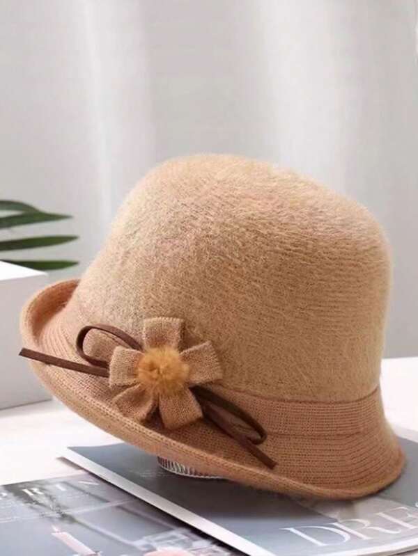 1pc Women Solid Color Knitted Bucket Hat, Elegant Bowknot Cloche Hat With Rolled Brim, Vintage Ladies Floral Pom Pom Cap, Suitable For Autumn/Winter, Warm, Windproof, Sun Protection For Gatherings And Everyday Wear