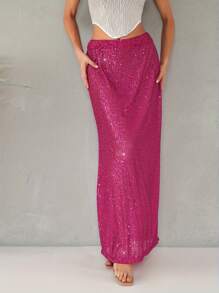 Women's Sequins Long Skirts Low Waist Party Skirts Spring Summer Fashion Casual Skirts Streetwear - 玫紅色 - 查看 1