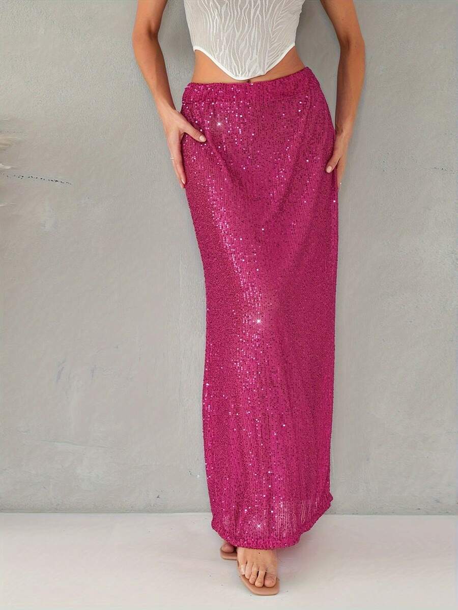 Women's Sequins Long Skirts Low Waist Party Skirts Spring Summer Fashion Casual Skirts Streetwear - 玫紅色 - 查看 1