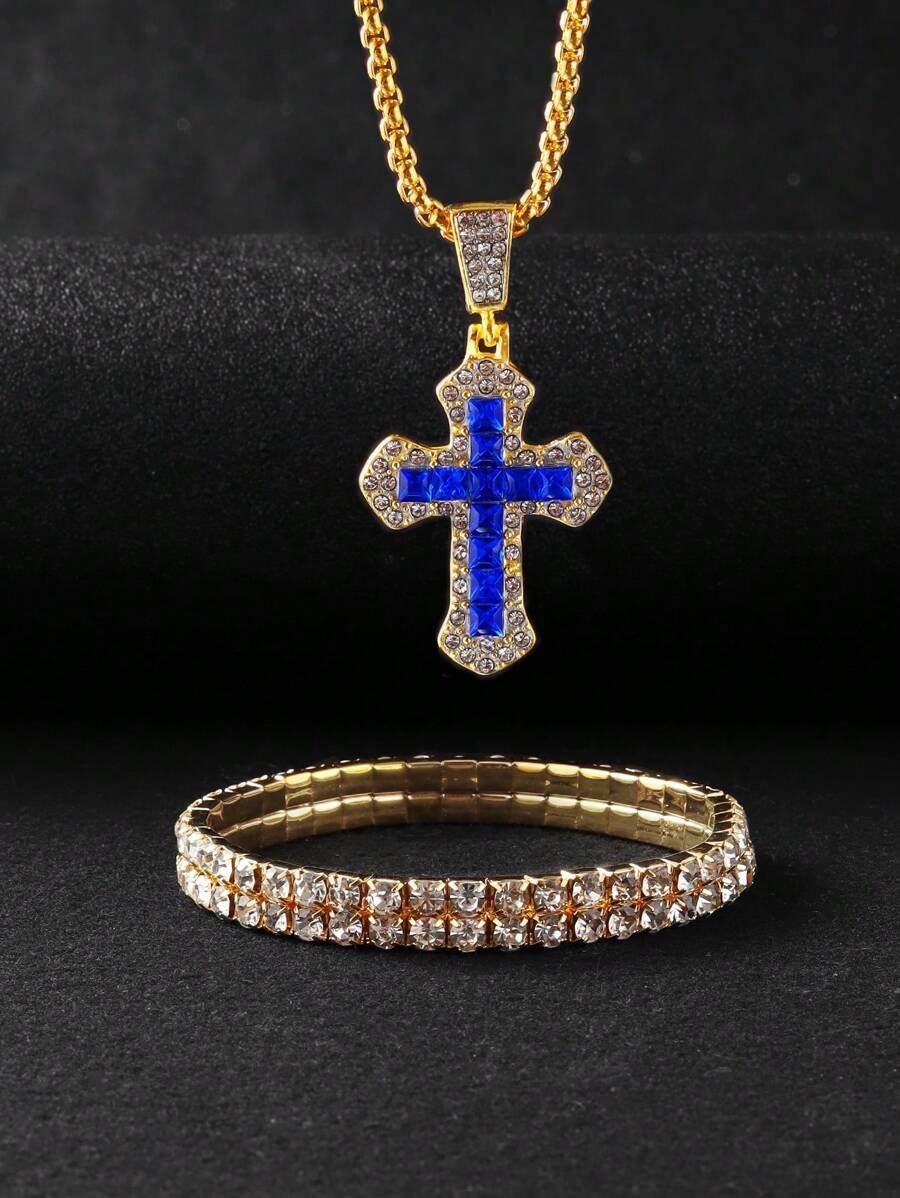 Luxury Gold Double Row Rhinestone & Blue Cross Pendant Necklace Jewelry Set, Gift For Her, Accessory For Daily And Party Outfit