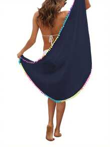 Women's Beach Sarong Coverups Short Bathing Suit Wrap Skirt Beach Wrap Swimsuit Cover Ups With Colorful Tassel - 藏青色 - 查看 5