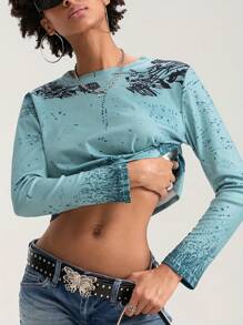 Women's Aesthetic Gothic Tops Retro Floral Print Bead Decor Long Sleeve Round-Neck Grunge T-Shirts - Green - View 3