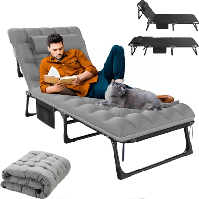 Foldable Camping Cots For Adults, Adjustable 4-Position Adults Reclining Folding Chaise, Outdoor Portable Folding Lounge Chair Sleeping Cots Bed With Pillow Mattress Carrying Bag For Camping, Pool