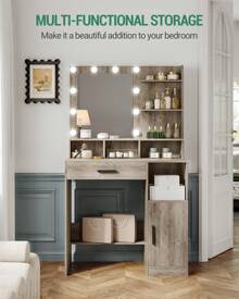 HEXCELEN Dressing Table With Mirror And 10 LED Lights, Dressing Table With 3 Shelves & 4 Open Compartments, Dressing Table With Large Drawer & Cabinet, 3 Adjustable Lighting Levels - 灰色 - 查看 4