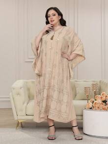 优雅阿拉伯刺绣串珠长裙 Jalabia V 领流苏飘逸长袍，创意袖子，别致舒适，2025 年春夏，斋月和宰牲节