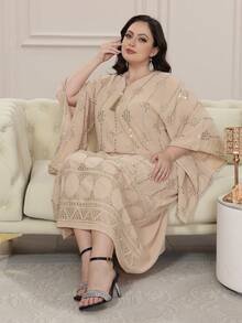 优雅阿拉伯刺绣串珠长裙 Jalabia V 领流苏飘逸长袍，创意袖子，别致舒适，2025 年春夏，斋月和宰牲节