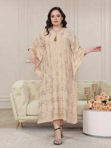 优雅阿拉伯刺绣串珠长裙 Jalabia V 领流苏飘逸长袍，创意袖子，别致舒适，2025 年春夏，斋月和宰牲节