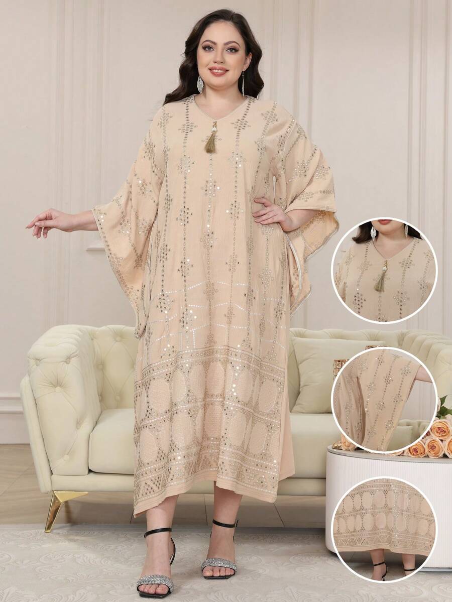 优雅阿拉伯刺绣串珠长裙 Jalabia V 领流苏飘逸长袍，创意袖子，别致舒适，2025 年春夏，斋月和宰牲节