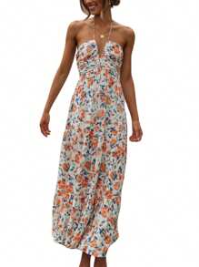 Women Long Dress, Elegant Sleeveless Tie-Up Halterneck Floral Dress Summer Swing Dress - 彩色 - 查看 8