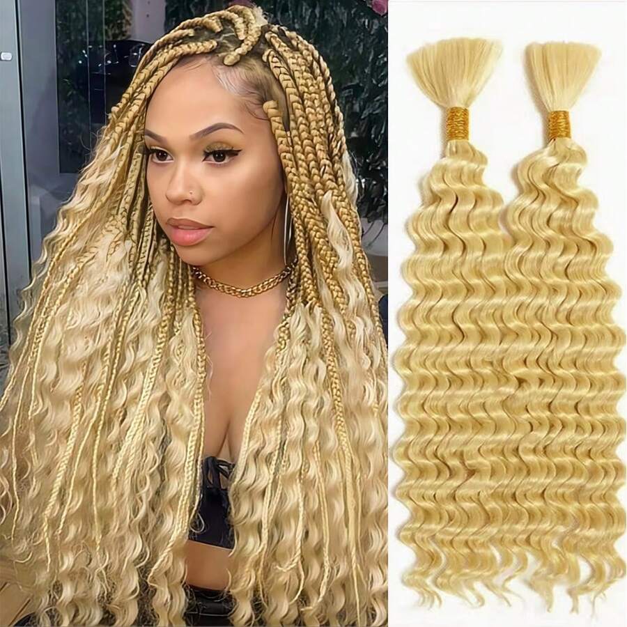 Cabello humano rubio 613 a granel en olas profundas, 100g de mechones de cabello humano en ondas profundas para trenzas estilo boho, extensiones de cabello sin trama, 2 trenzas por paquete, cabello humano ondulado y húmedo para trenzar